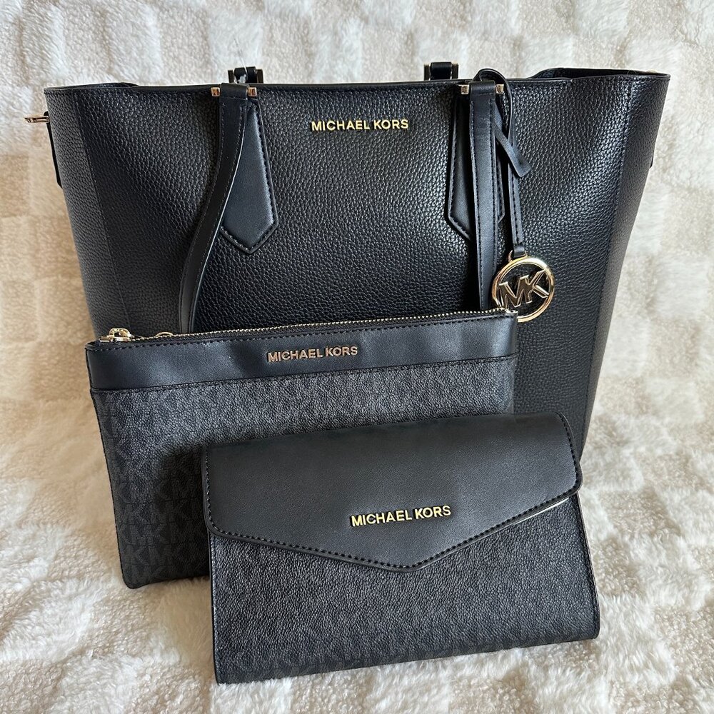 NWT! MK Michael Kors Kimberly 3 In 1 Set Black Leather Tote/Crossbody/Clutch - Picture 1 of 14